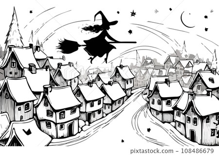 Vector illustration of a wich riding broom at full moon over a city in the sky. Vector illustration of a wich riding broom at full moon over a city in the sky. 108486679