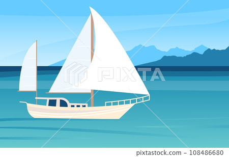 White yacht in blue sea and mountain, nature travel landscape. Ocean adventures, flat ship or boat in water. Rest and transportation, flat decent vector background White yacht in blue sea and mountain, nature travel landscape. Ocean adventures, flat ship or boat in water. Rest and transportation, flat decent vector background 108486680