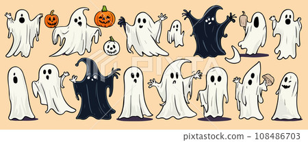 Ghosts Halloween Cartoon with pumpkins on color background, vector illustration. Ghosts Halloween Cartoon with pumpkins on color background, vector illustration. 108486703