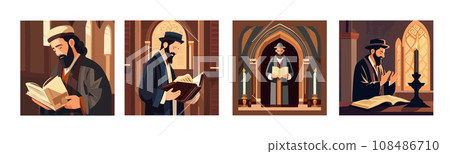Banner set Cartoon jew character reading torah composition with flat images 108486710
