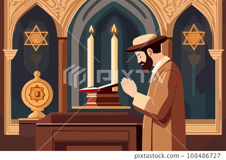 Religious Jew after attending synagogue reading Torah vector illustration. Religious Jew after attending synagogue reading Torah vector illustration. 108486727
