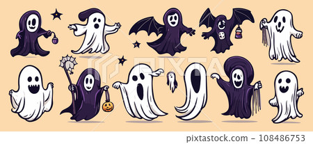 Set of cute halloween ghosts, sketch of ghost on colored background. Collection 108486753