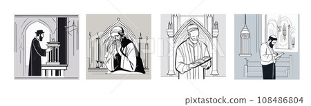 Banner set Cartoon jew character reading torah composition with flat images Banner set Cartoon jew character reading torah composition with flat images 108486804