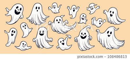 Ghosts Halloween Cartoon with pumpkins on color background, vector illustration. Ghosts Halloween Cartoon with pumpkins on color background, vector illustration. 108486813