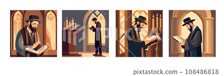 Banner set Cartoon jew character reading torah composition with flat images Banner set Cartoon jew character reading torah composition with flat images 108486818