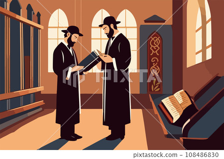 Pious jew prays in synagogue, reading torah, vector illustration, religion 108486830