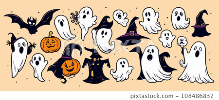 Ghosts Halloween Cartoon with pumpkins on color background, vector illustration. 108486832