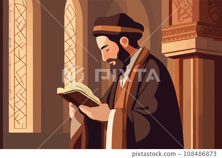 Pious jew prays in synagogue, reading torah, vector illustration, religion 108486873