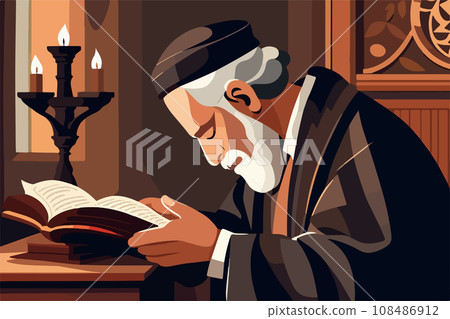Pious jew prays in synagogue, reading torah, vector illustration, religion Pious jew prays in synagogue, reading torah, vector illustration, religion 108486912