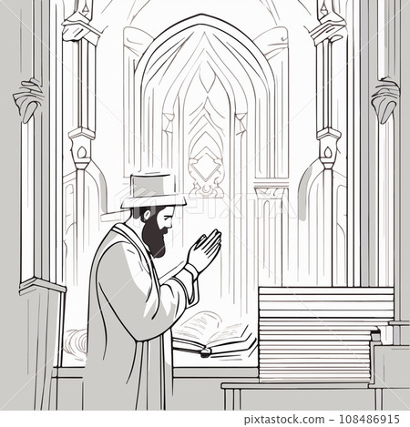 Cartoon jew character composition with flat images of synagogue temple indoor Cartoon jew character composition with flat images of synagogue temple indoor 108486915