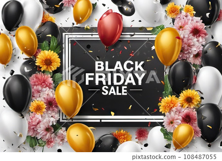 balloons and flowers with confetti on background, concept gifts holidays and sales, black friday 108487055