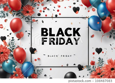 balloons and flowers with confetti on background, concept gifts holidays and sales, black friday balloons and flowers with confetti on background, concept gifts holidays and sales, black friday 108487083