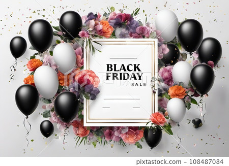 balloons and flowers with confetti on background, concept gifts holidays and sales, black friday balloons and flowers with confetti on background, concept gifts holidays and sales, black friday 108487084