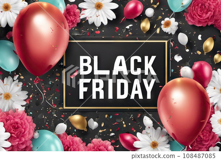 balloons and flowers with confetti on background, concept gifts holidays and sales, black friday 108487085
