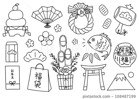New Year themed lucky charms hand drawn line drawing illustration set New Year themed lucky charms hand drawn line drawing illustration set 108487199