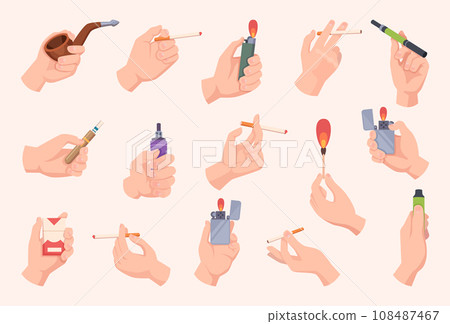 Cigarettes. Male and female hands holding tobacco products exact vector vape and e cigarettes cartoon illustrations 108487467