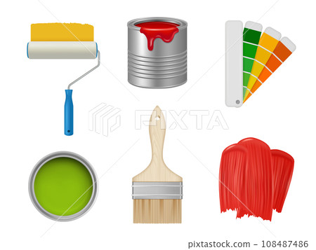 Paint tools. Production items for artists brushes rollers decent vector templates in realistic style 108487486