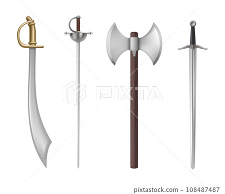 Medieval weapons. Templates of historical realistic knife and swords decent vector illustrations 108487487
