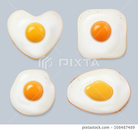 Fried eggs. Tasty breakfast witih chicken eggs decent vector realistic template Fried eggs. Tasty breakfast witih chicken eggs decent vector realistic template 108487489
