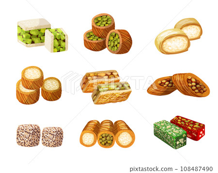 Arabic sweets. Delicious tasty food from arabic rahat lakoum baklava recent vector illustration in cartoon style Arabic sweets. Delicious tasty food from arabic rahat lakoum baklava recent vector illustration in cartoon style 108487490