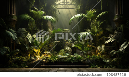 AI-generated content. Dreamy tropical landscape, banner with greenery and copy space for your text 108487516