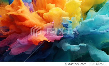 AI-generated content. Vibrant abstract background with mixing and swirling of paint liquid AI-generated content. Vibrant abstract background with mixing and swirling of paint liquid 108487519