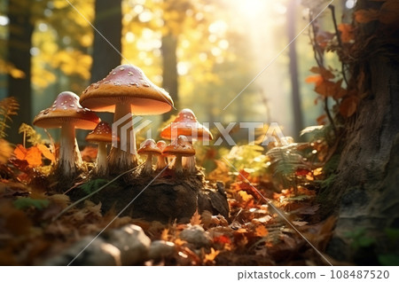 AI-generated content. Little fresh mushrooms, growing in autumn forest 108487520