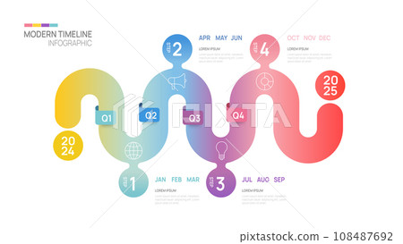 Business step timeline infographic arrow template. Modern milestone element timeline diagram calendar and 4 quarter topics, vector infographics. Business step timeline infographic arrow template. Modern milestone element timeline diagram calendar and 4 quarter topics, vector infographics. 108487692