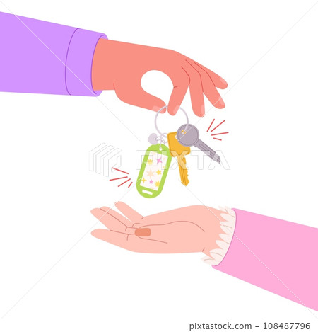 Hand gives key. Property buy or rental concept. New car buying, client and manager. Person picks up house keys, flat vector racy purchase scene Hand gives key. Property buy or rental concept. New car buying, client and manager. Person picks up house keys, flat vector racy purchase scene 108487796
