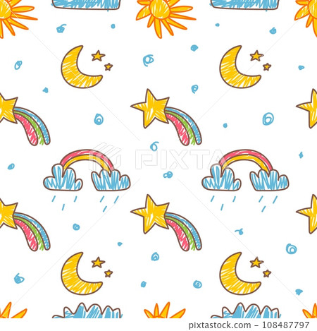 Weather childish seamless pattern. Color pencils drawing sun, rainbow and clouds. Children style fabric print, wallpaper design. Classy kids vector background Weather childish seamless pattern. Color pencils drawing sun, rainbow and clouds. Children style fabric print, wallpaper design. Classy kids vector background 108487797