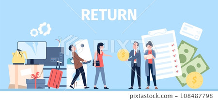 Goods return in shop. Customers with broken and damaged technics want exchange or money back. Clients service in store, recent vector flat concept Goods return in shop. Customers with broken and damaged technics want exchange or money back. Clients service in store, recent vector flat concept 108487798