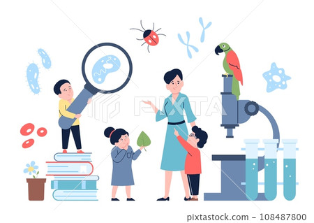 Biology lesson with teacher. Kids studying botany, looks through magnifying glass on bacteries. Educational experiment recent vector scene Biology lesson with teacher. Kids studying botany, looks through magnifying glass on bacteries. Educational experiment recent vector scene 108487800