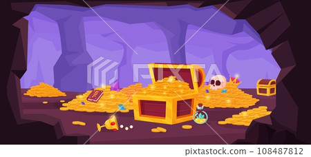Cartoon treasure cave illustration. Golden coin piles, cup and wooden chest with money. Gemstones and jewelry, pirate treasures nowaday vector scene 108487812