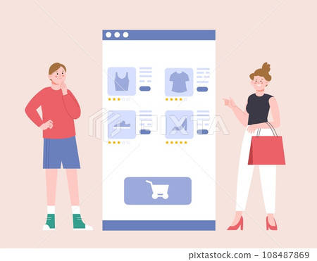 Online store review and looking feedback for items. Girls thinking about buying and look mentions at buyers, digital store vector concept 108487869