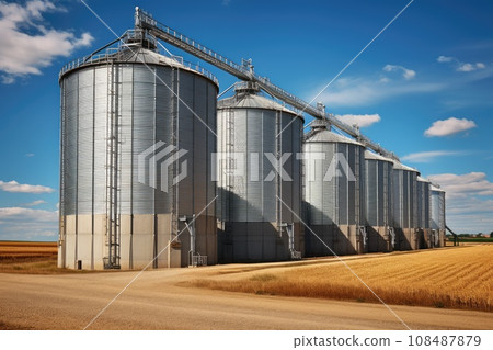 Agricultural silo granary in wheat field. Storage of agricultural products Agricultural silo granary in wheat field. Storage of agricultural products 108487879
