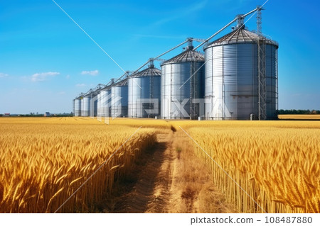 Agro silo granary in wheat field. Storage of agricultural products Agro silo granary in wheat field. Storage of agricultural products 108487880
