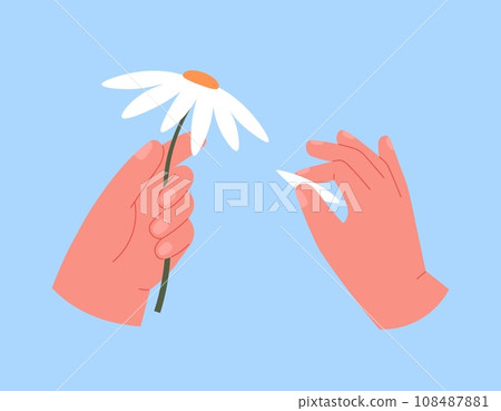 Fortune telling with chamomile. Hand hold daisy flower and petal. Magic ritual, yes or no choose. Like or dislike, romantic feelings question, vector concept 108487881