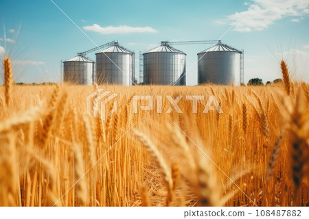Agricultural silo granary in wheat field. Storage of agricultural products 108487882