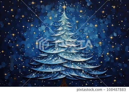 Magic Christmas tree with lights on dark blue background. Holiday card 108487883