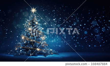 Magic Christmas tree with lights on dark blue background. Holiday card. Copy space Magic Christmas tree with lights on dark blue background. Holiday card. Copy space 108487884