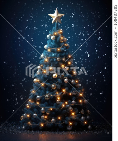 Magic Christmas tree with lights on dark blue background. Holiday card Magic Christmas tree with lights on dark blue background. Holiday card 108487885