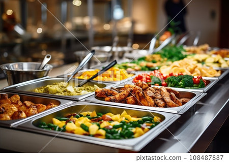 Catering buffet food on a long table in a hotel restaurant Catering buffet food on a long table in a hotel restaurant 108487887