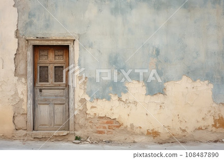 Dilapidated building wall and wooden door. Facade of a house with damaged plaster Dilapidated building wall and wooden door. Facade of a house with damaged plaster 108487890
