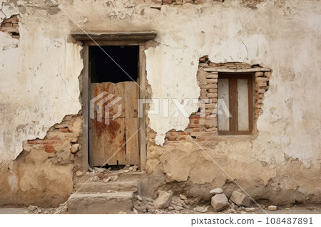 Dilapidated building wall and wooden door. Facade of a house with damaged plaster Dilapidated building wall and wooden door. Facade of a house with damaged plaster 108487891