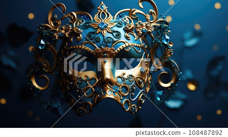 Festive Venetian carnival mask with gold decorations on dark blue background. Festive Venetian carnival mask with gold decorations on dark blue background. 108487892
