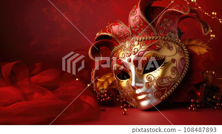 Festive Venetian carnival mask with gold decorations on red background. 108487893