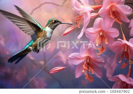 Flying hummingbird near blooming orchid Flying hummingbird near blooming orchid 108487902