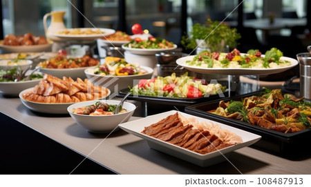 Catering buffet food indoor in restaurant with grilled meat. 108487913