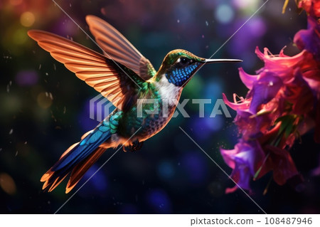 Flying hummingbird in jungle. 108487946