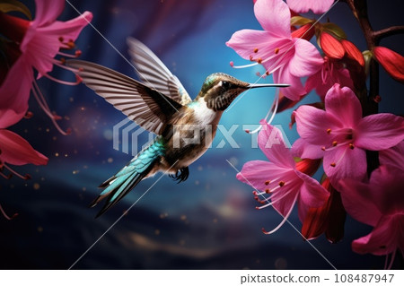 Flying hummingbird near blooming orchid 108487947